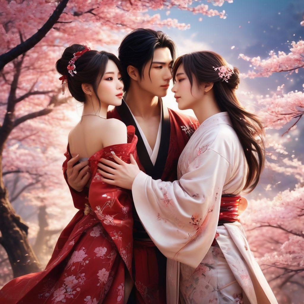 An alluring scene depicting a diverse group of characters from erotic anime and manga, showcasing their vibrant emotions and seductive poses. Background filled with intricate patterns and soft, atmospheric lighting, accentuating the characters' allure. Include elements like cherry blossoms and radiant colors to enhance the romantic mood. Imagery should evoke a sense of passion and artistry. super-realistic. vibrant colors. intricate details.