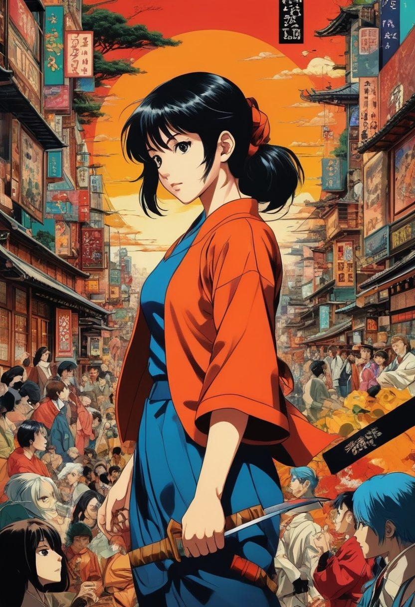 A dynamic collage depicting the evolution of anime culture, featuring graphic novels transitioning into vibrant animated scenes. Include iconic characters from various eras, contrasting styles, and bold colors that represent adult themes. The background should blend different artistic styles, merging classic comic panels with modern animation flair. Add subtle film reels and digital pixels to symbolize the medium's transition. super-realistic. vibrant colors. cinematic style.